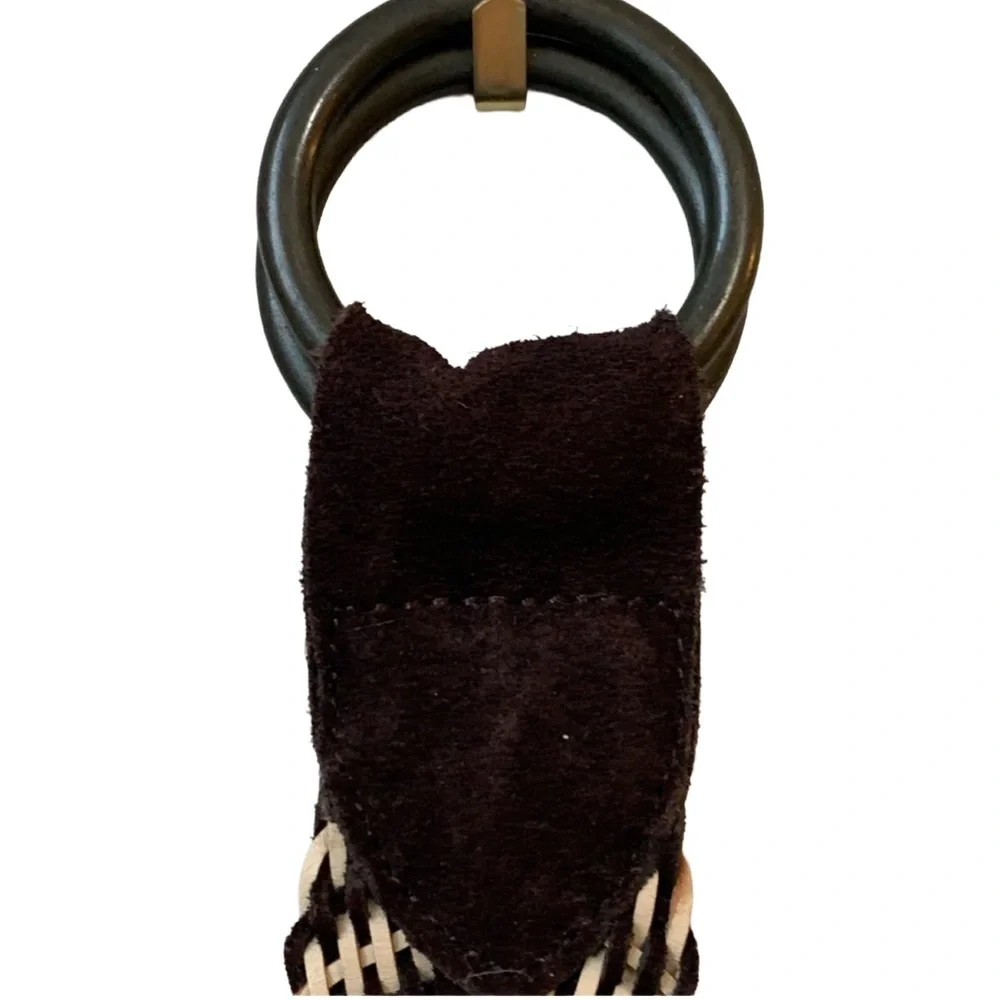 GAP Dark Brown Cream Genuine Braided Leather Solid Brass Black Finish Rings Belt